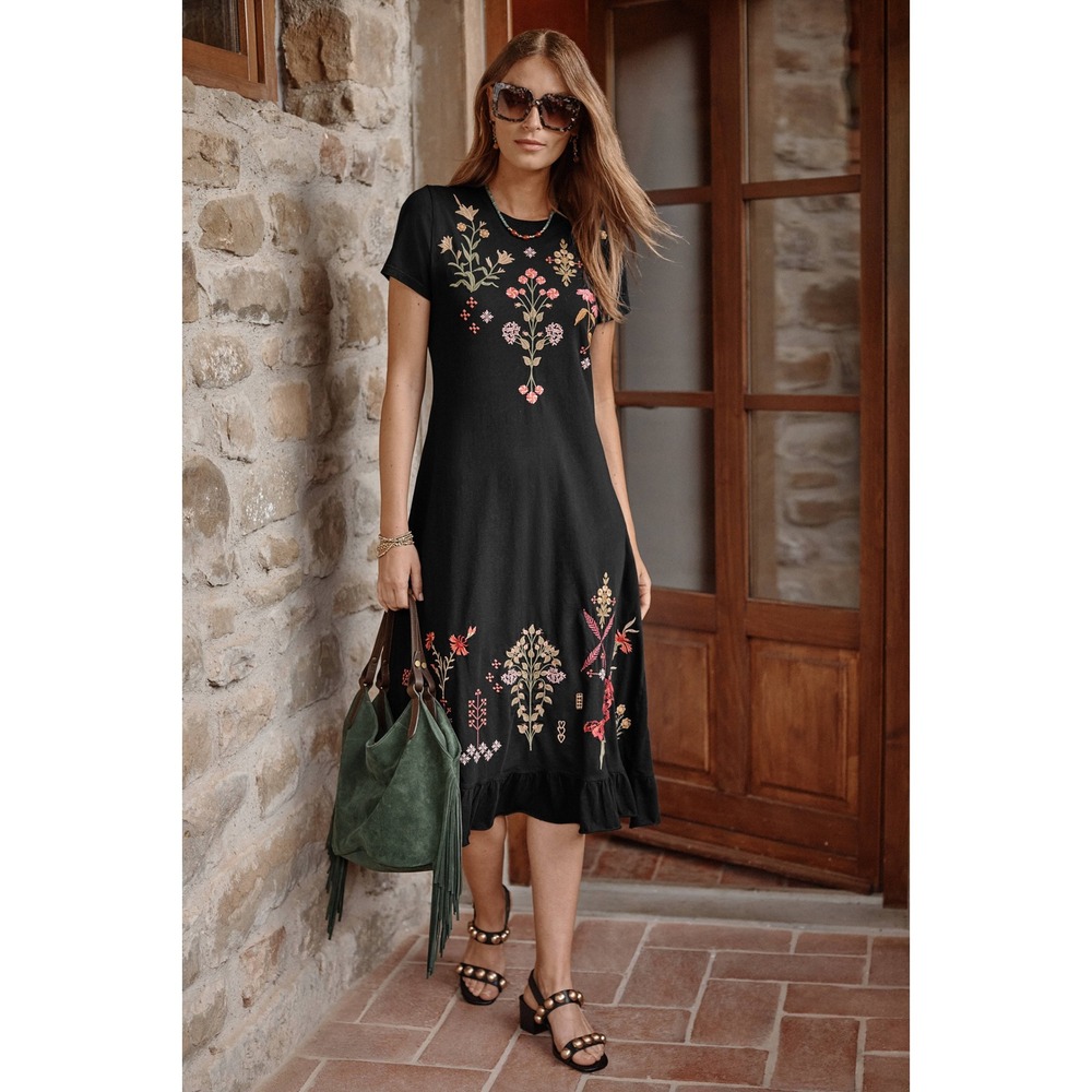Johnny Was Black Floral Embroidered Knit Midi Ruffle Dress Short Sleeve Medium